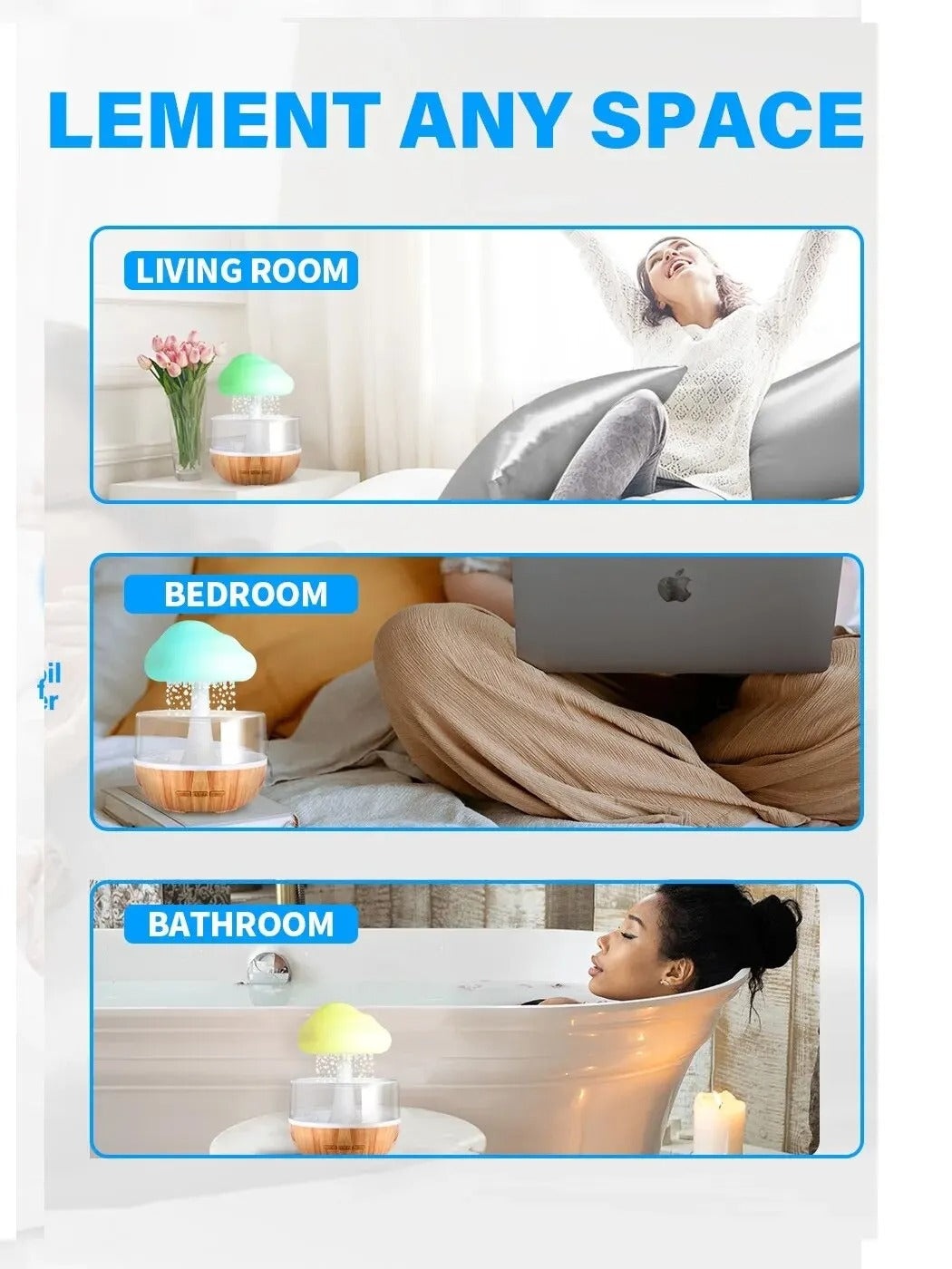 Rain cloud humidifier styled in living room, bedroom and bathroom home decor settings