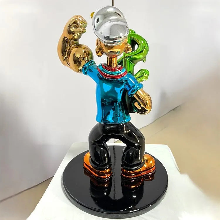 Pop Art Popeye Dollar Sign Statue – Luxury Chrome Resin Sculpture for Modern Home Decor