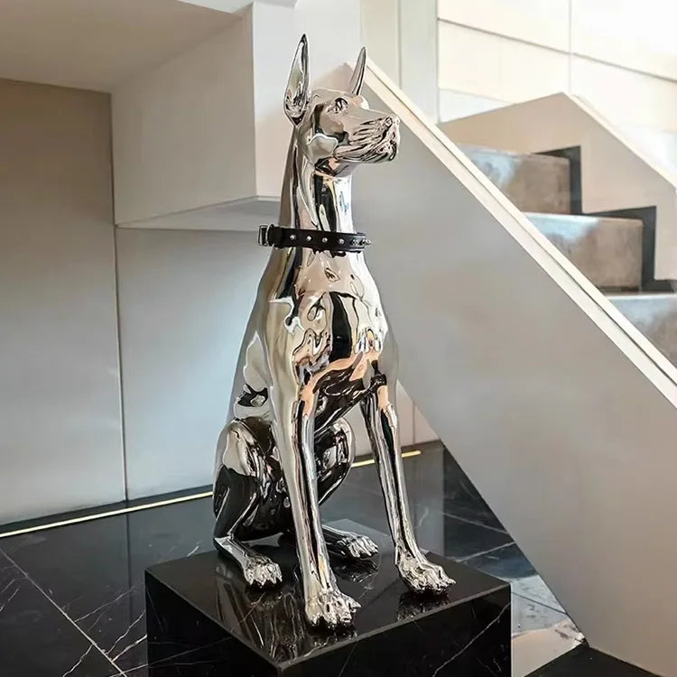 Luxury Electroplated Silver Doberman Sculpture | Modern Chrome Dog Statue – Set of 2