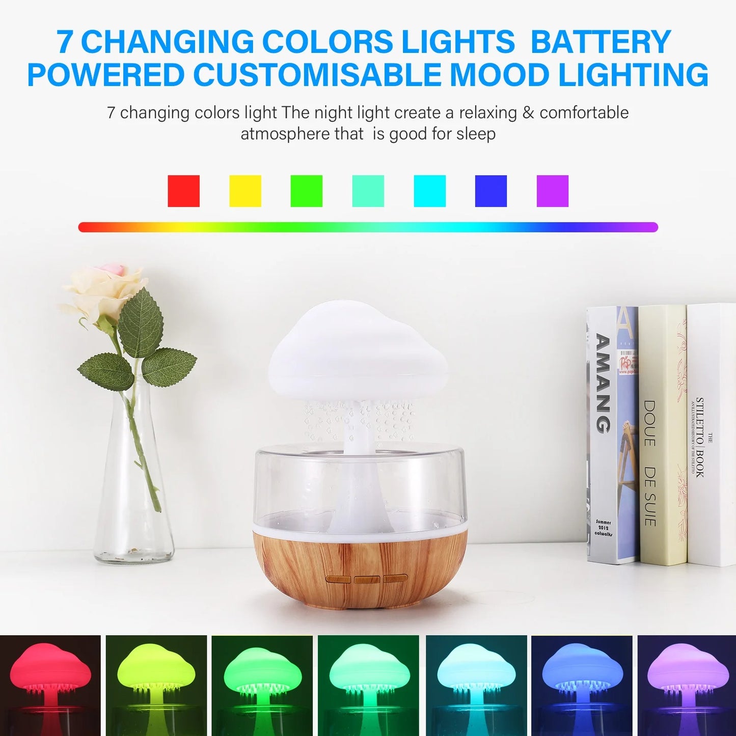 Rain cloud humidifier with 7 changing colour LED night light options for mood lighting