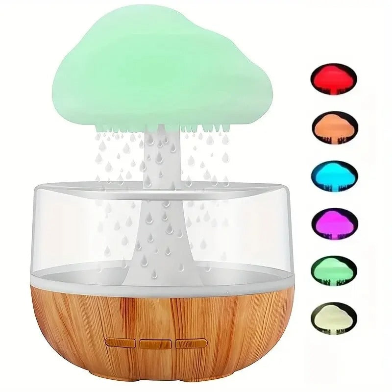 CasaLoom rain cloud humidifier with wood-grain base and colour-changing LED light options
