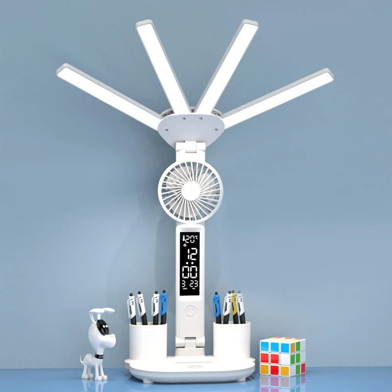 Aurora 4-Head LED Desk Lamp with Digital Clock, Fan & Pen Holder | Foldable Eye-Care Reading Light