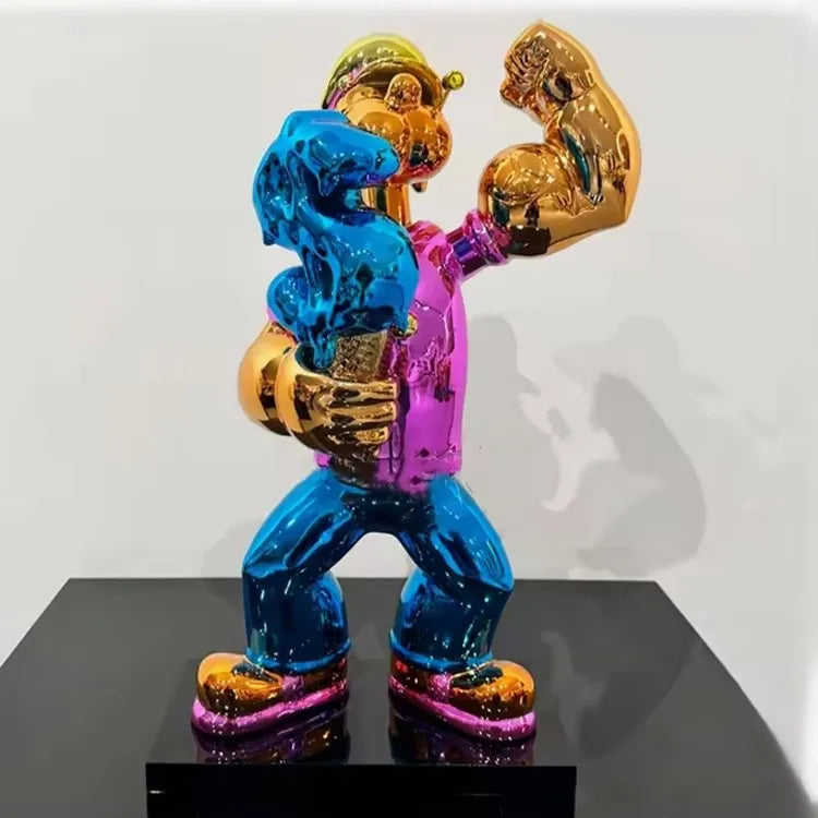Pop Art Popeye Dollar Sign Statue – Luxury Chrome Resin Sculpture for Modern Home Decor