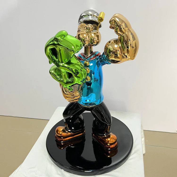 Pop Art Popeye Dollar Sign Statue – Luxury Chrome Resin Sculpture for Modern Home Decor