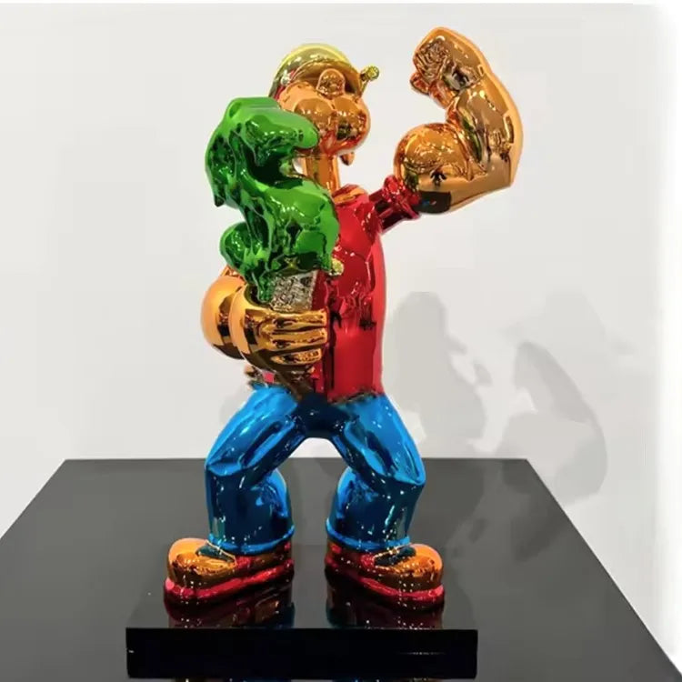 Pop Art Popeye Dollar Sign Statue – Luxury Chrome Resin Sculpture for Modern Home Decor
